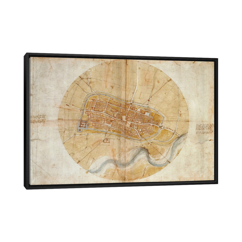 'Map of Imola, 1502' by Leonardo Da Vinci - Wrapped Canvas Graphic Art Print, Black Floater Framed Canvas, No Mat
