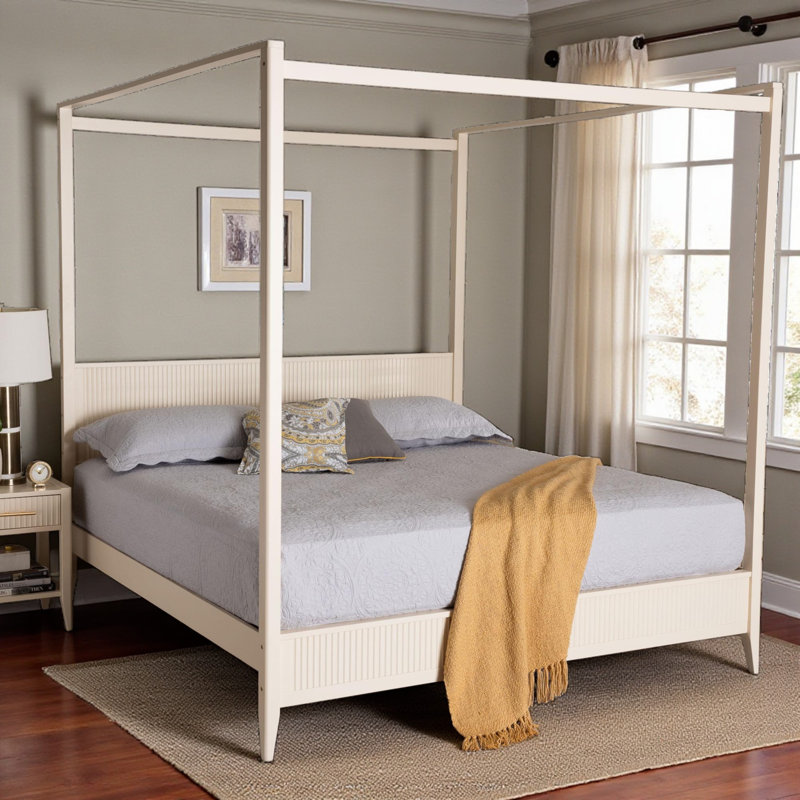 Lynnwood King Size Canopy Bed in Ivory Fluted Wood, 83.34'' H X 77.81'' W X 83.75'' L, Ivory