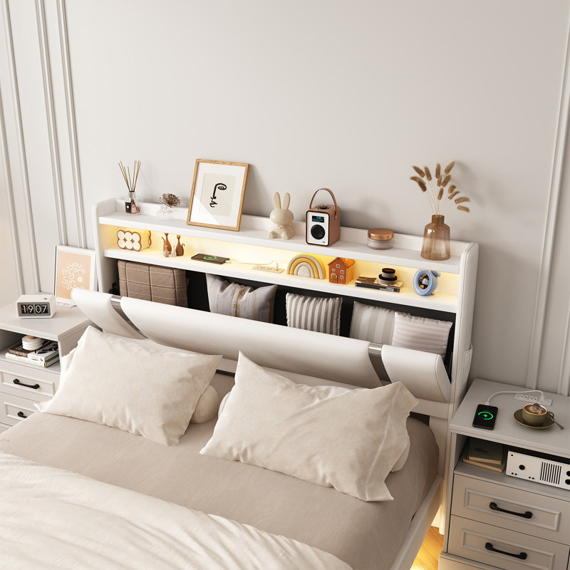 Komor Upholstered Storage Bed with Charging Station and LED Lights, White, Queen