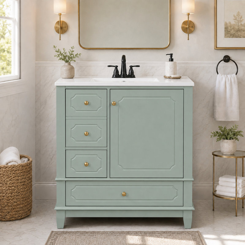 Meuble-lavabo autoportant Velmori de 30 po avec comptoir en céramique et rangement intelligent, Sage Green, Satin Brass