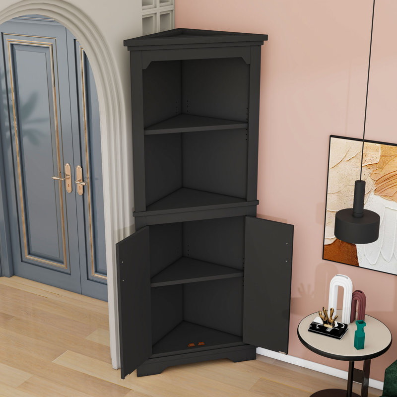 Grande armoire de rangement de coin avec tablettes ouvertes et portes pour un rangement peu encombrant, Noir