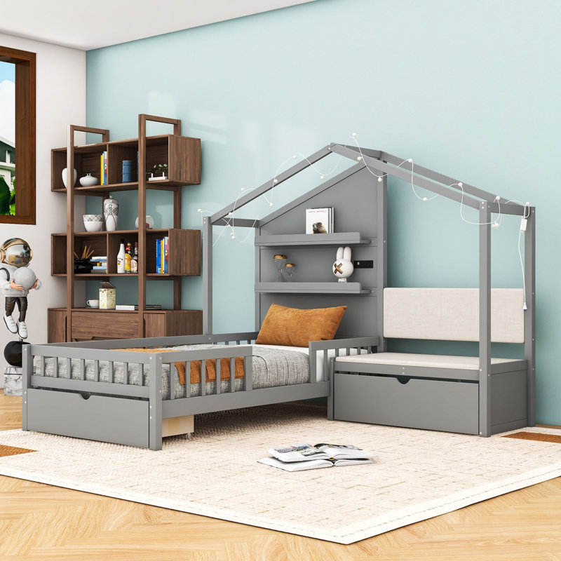 Twin House Bed With Light Strip, Built-In Charging Station, Drawers And Upholstered Sofa, Gray
