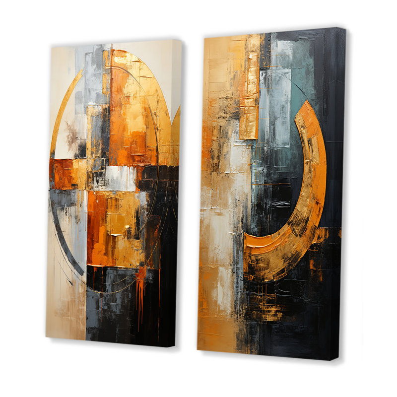 Croissant noir et cuivre - Formes abstraites, ensemble de 2 décorations murales, H 28 po x l 25 po, Toile tendue