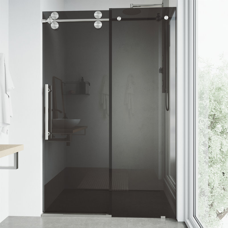 Porte de douche coulissante sans cadre avec verre teinté 3/8 po l 56-60 po x H 74 po Elan, Acier Inoxydable