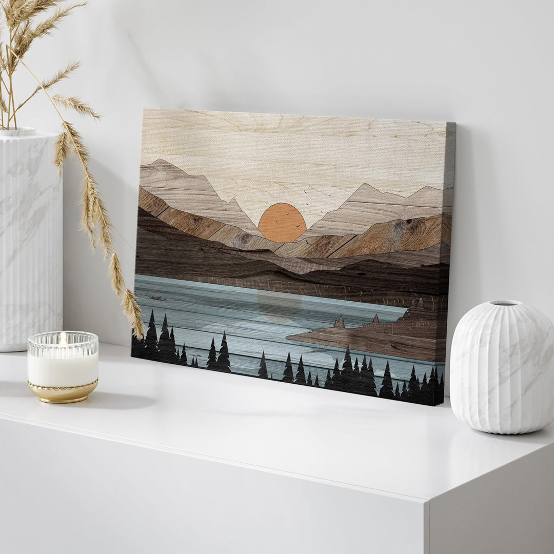 Western Wood Effect Landscape Mountain Range Lake Trees Nature Abstract Artwork Living Room Decor On Canvas Print IDEA4WALL 