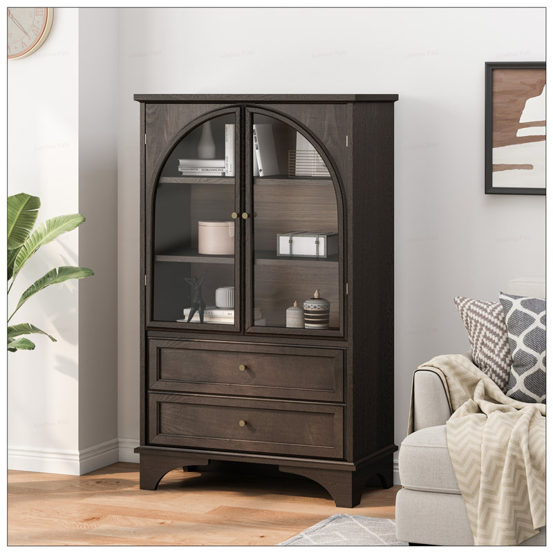 Glass Door Display Case Storage Cabinet With 2 Drawers And Adjustable Shelf, Spacious And Elegant For Various Rooms, Black