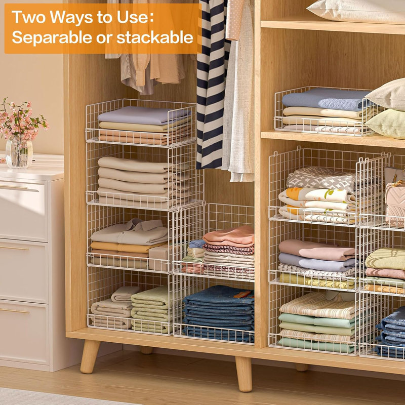 Organisateurs de placard empilables à 4 niveaux et tablettes de rangement, système d'organisation de tablettes de placard pliable, bacs de rangement empilables pour système d'organisation de vêtements, blanc