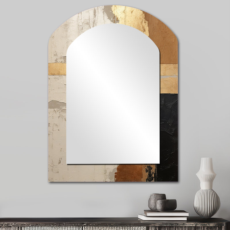 Abstrait abstrait beige doré, collage de route IV - grand miroir mural asymétrique abstrait, art moderne, 34 po x 25 po