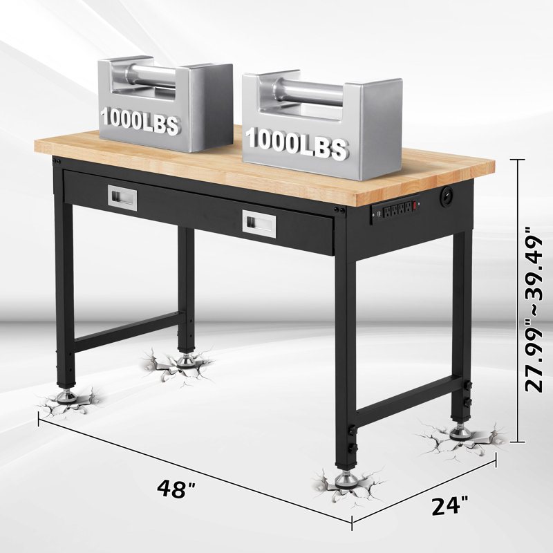 Établi réglable de 48 po avec rangement de tiroir, poste de travail robuste de 2000 lb avec prises de courant, table de travail en bois d'hévéa pour garage, bureau, atelier, commercial