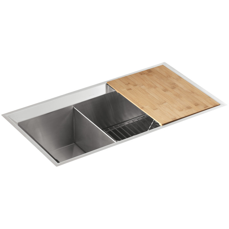 Poise 33" L x 18" W x 9.5" Undermount Kitchen Sink Includes Cutting Board and Bottom Bowl Rack, Mirrored Rim, 60/40 bowls
