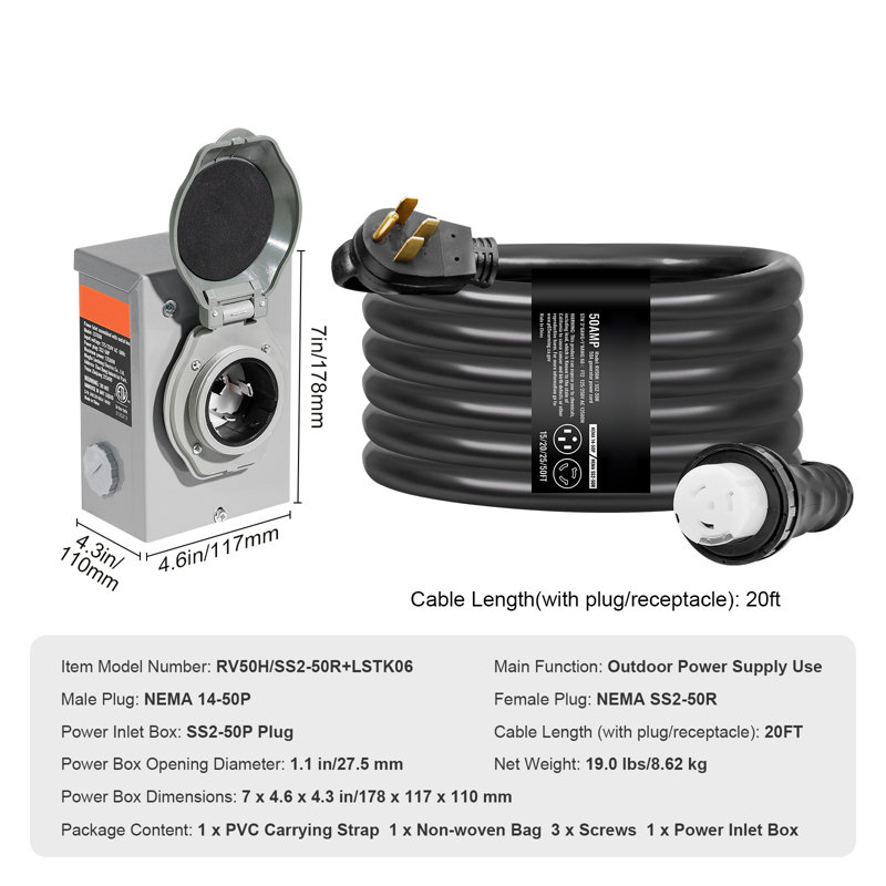 50 Amp Generator Cord and Power Inlet Box Kit, 20FT, NEMA 14-50P