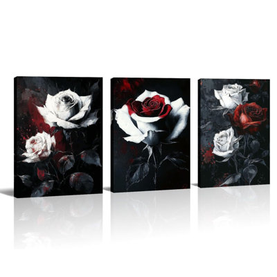 Rose, art mural 3 panneaux, décorations de roses blanches et rouges, impression sur toile noire, œuvre florale pour le bureau de la salle de bain, décoration murale encadrée - 12,00 po x 16,00 po x 3 po