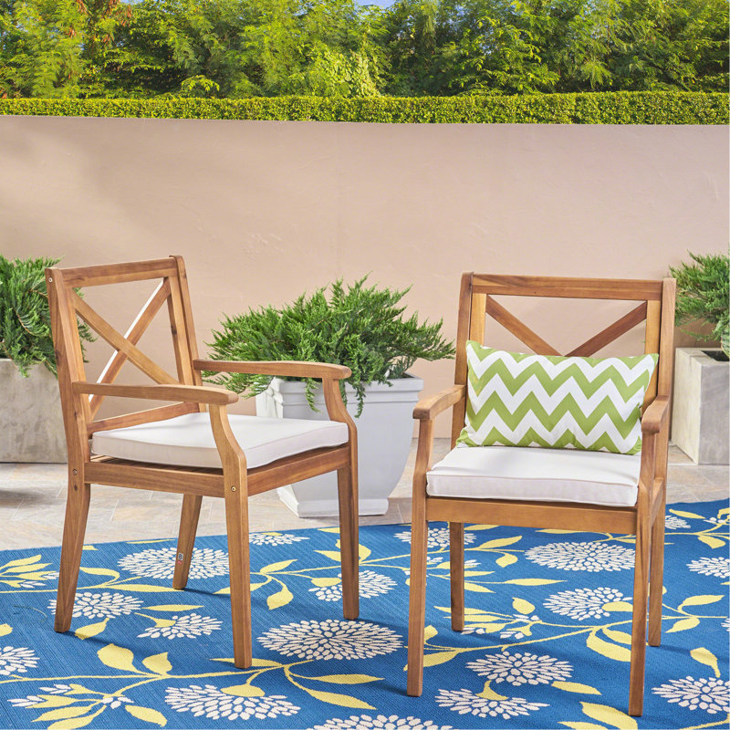  Bevelyn Acacia Patio Dining Armchair with Cushion, Cream