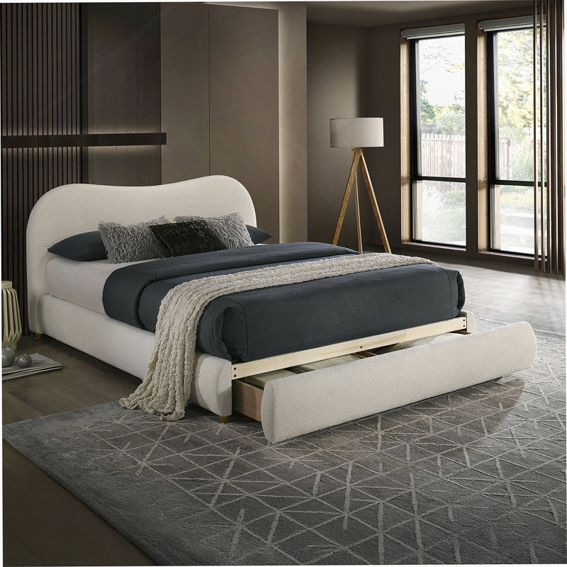 Lit plateforme avec tête de lit tapissier et rangement pour chambre à coucher, Grand lit, Blanc