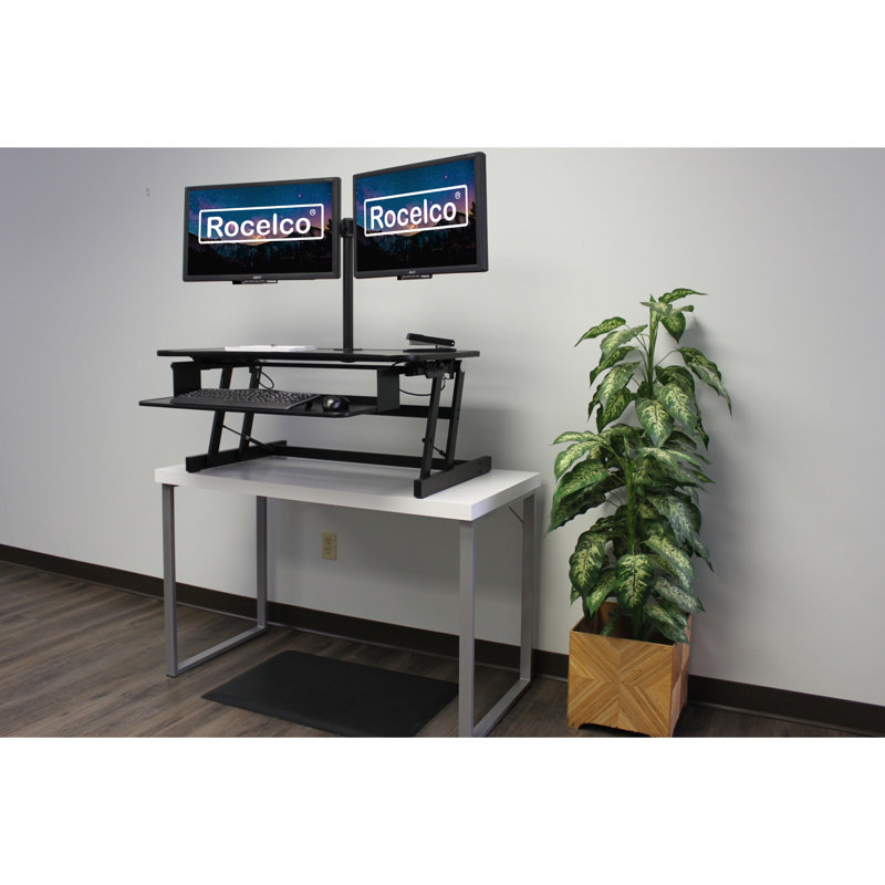 Rocelco 37.5 in. Black Height Adjustable Standing Desk Converter with Dual Monitor Mount, Anti Fatigue Mat and Black Finish