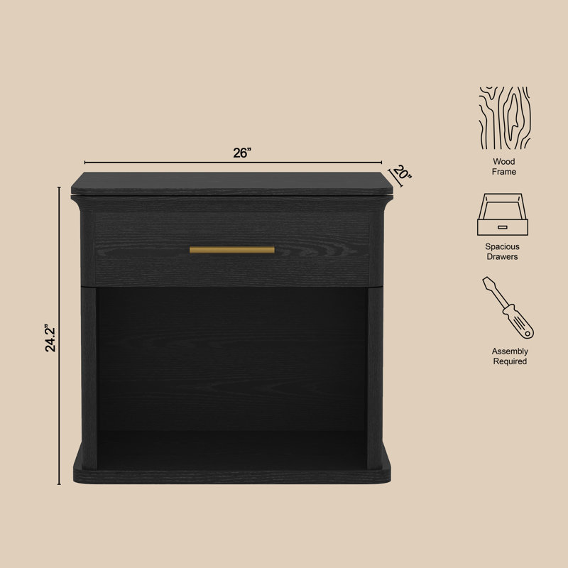 Clifford Traditional 1-Drawer Nightstand in Black, Black