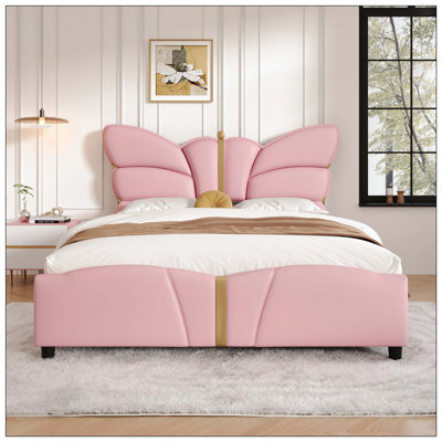Upholstered PU Leather Bed Frame, With Butterfly Shaped Headboard And Footboard, Platform Bed Frame With  No Box Spring Needed