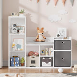 Kids Bookshelf 44.1in Width Toy Storage Organizer with Reading Nook White Bookcase Seat Cushion Wooden 6-Cubby Storage Bench 2 Drawers Toddler Cabinet Shelf for Kids Room, Playroom, Nursery