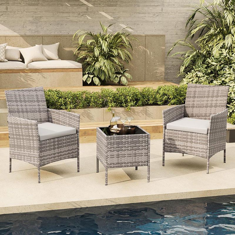 3 Piece Patio Bistro Set, Outdoor PE Rattan Wicker Furniture Set with 2 Chairs and Glass Top Coffee Table, Small Porch Furniture Conversation Set with Cushions for Balcony, Yard, Garden
