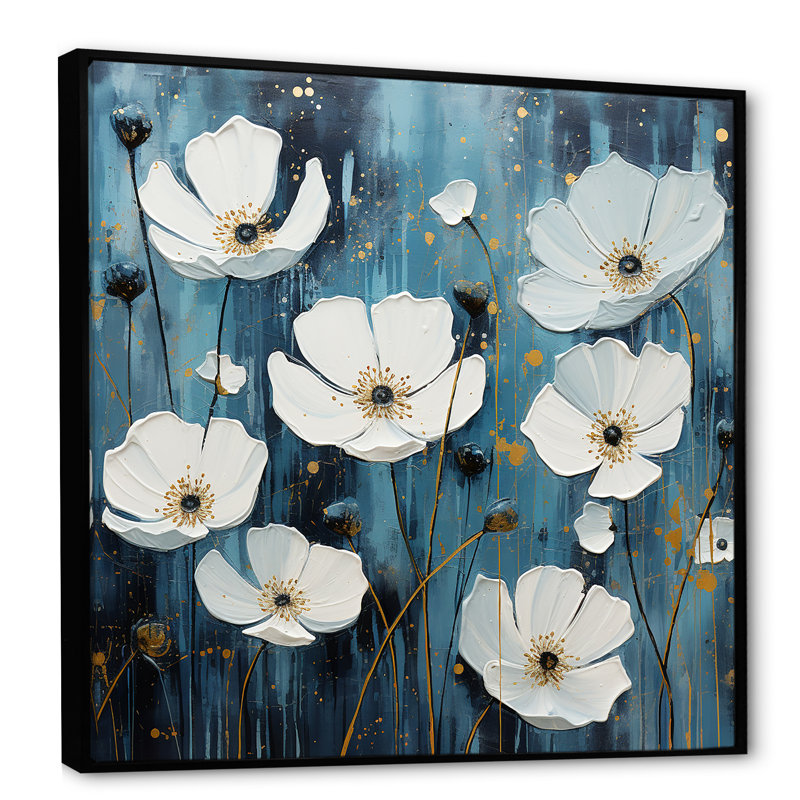 «White and Blue Buttercups Minimalisme II», reproduction sur toile, Cadre flottant noir, H 36 po x l 36 po x P 1,5 po