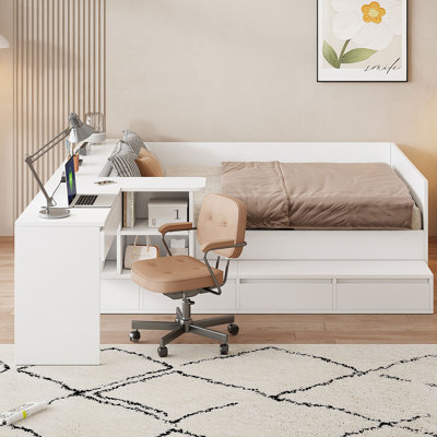 Full Size Wooden Platform Bed With 6 Drawers, Shelves And Dressing Table