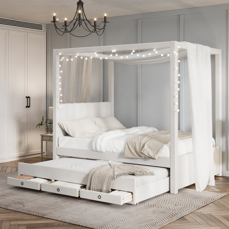 Lit plateforme à baldaquin avec lit gigogne et tiroirs Upholstery, Beige, Full
