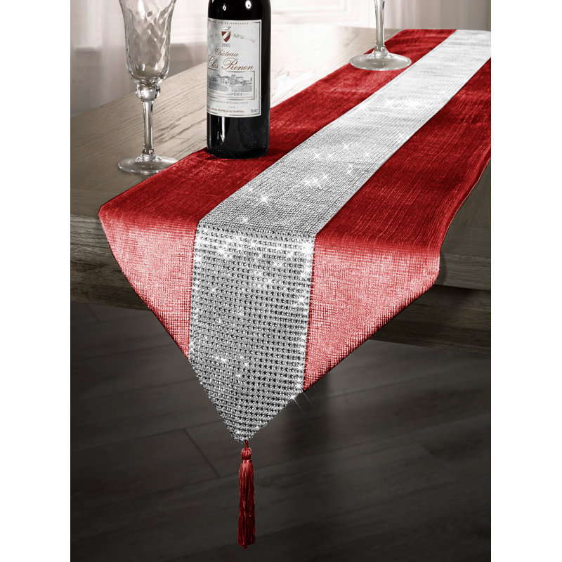 Crushed Velvet Embossed Tasselled Table Runner Sparkle Diamante Decorative Dinning Table Runner, Wrinkle Free W33 X L183cm, Black