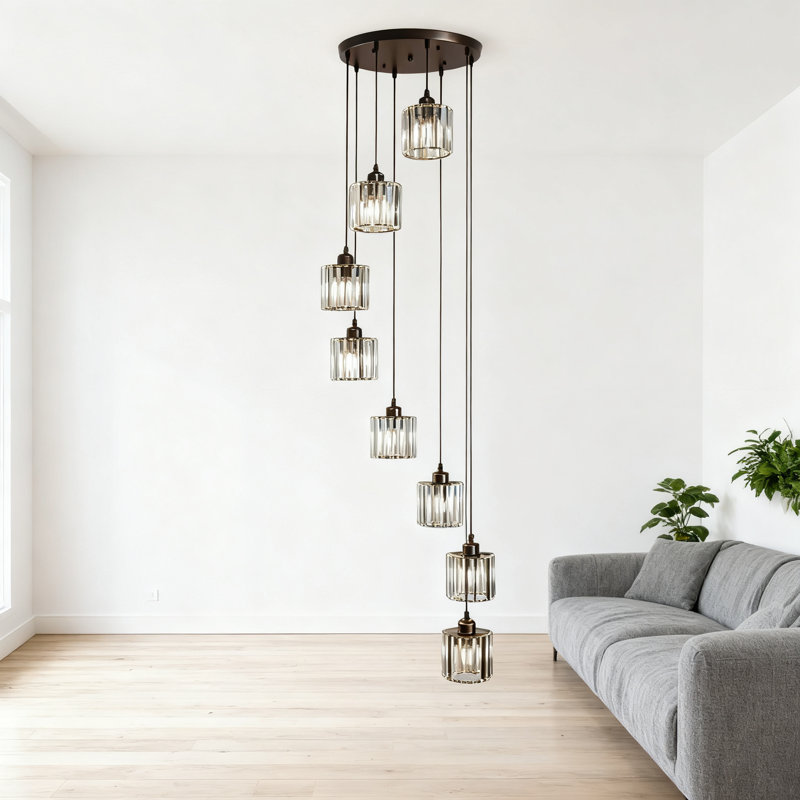 Modern Crystal Long Pendant Light Chandelier For High Ceilings, Raindrop Hanging Flush Mount Chandelier For Foyer Staircase Entryway With 8 Lights