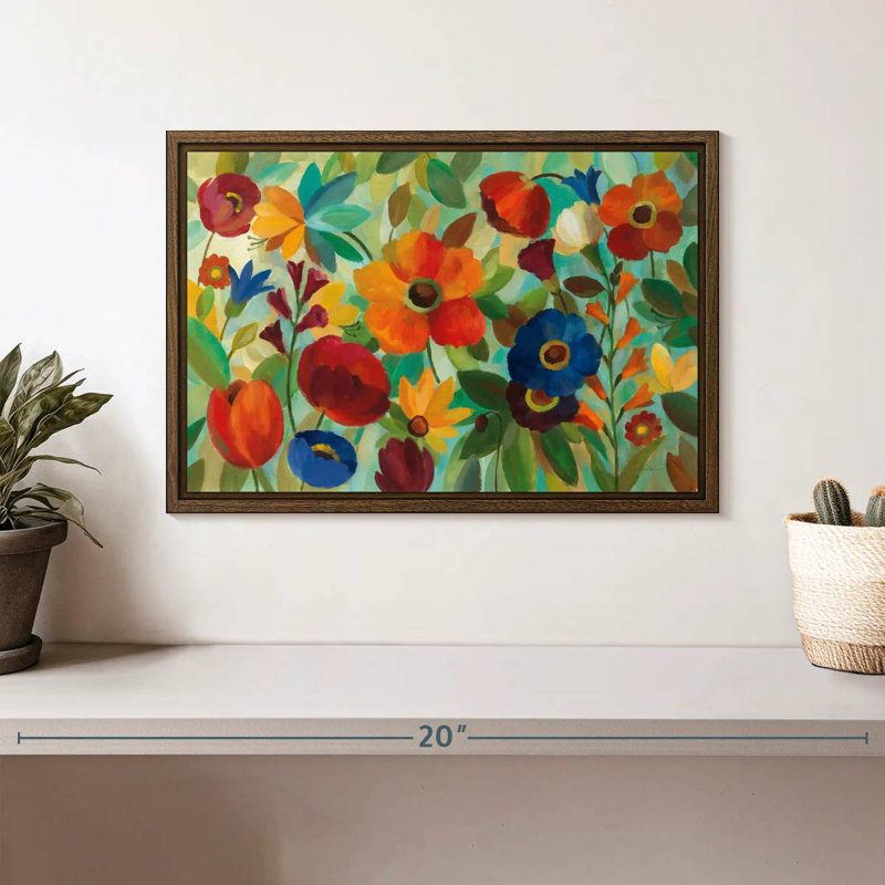 Été floral III, 13 po x 9 po, Cadre flottant noyer