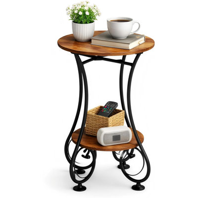 Petite table d'appoint ronde avec tablette inférieure pour les petits espaces, table de bout compacte pour canapé, table de chevet, table basse pour le salon, la chambre à coucher, le balcon