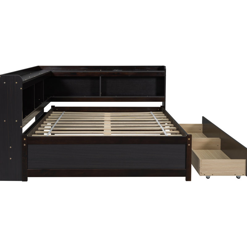 Full Bed With L-Shaped Bookcases & Two Drawer Compartments Bookcase Space