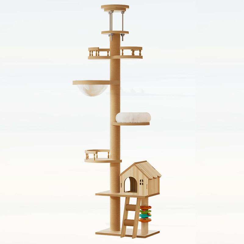Arbre à chat du sol au plafond, tour à chat à hauteur réglable avec poteau à griffer, grand lit en bois et hamac, centre d'activités pour chats moderne