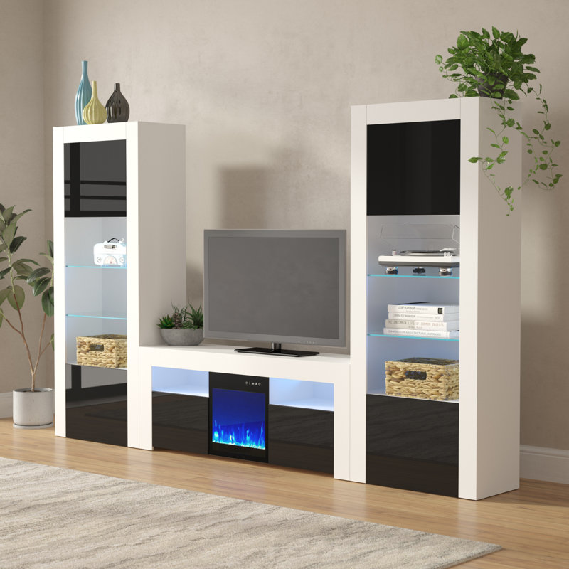 Earle Modern Entertainment Center for TVs up to 65" with Electric Fireplace Included, White/Black