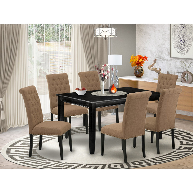7 Piece Dining Room Furniture Set Consist of a Rectangle Dining Table and 6 Light Sable Linen Fabric Parsons Chairs, Black