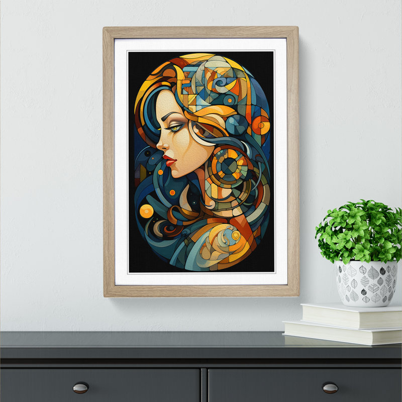 Cancer Zodiac Cubism - Single Picture Frame Print on Wood, 34cm H x 25cm W x 2cm D, Oak Framed