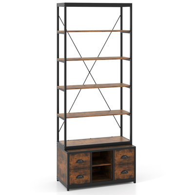 Bibliothèque industrielle à 8 niveaux avec 4 tiroirs en tissu, structure métallique robuste et tablettes ajustables, meuble de rangement pour salon, bureau ou chambre, brun rustique