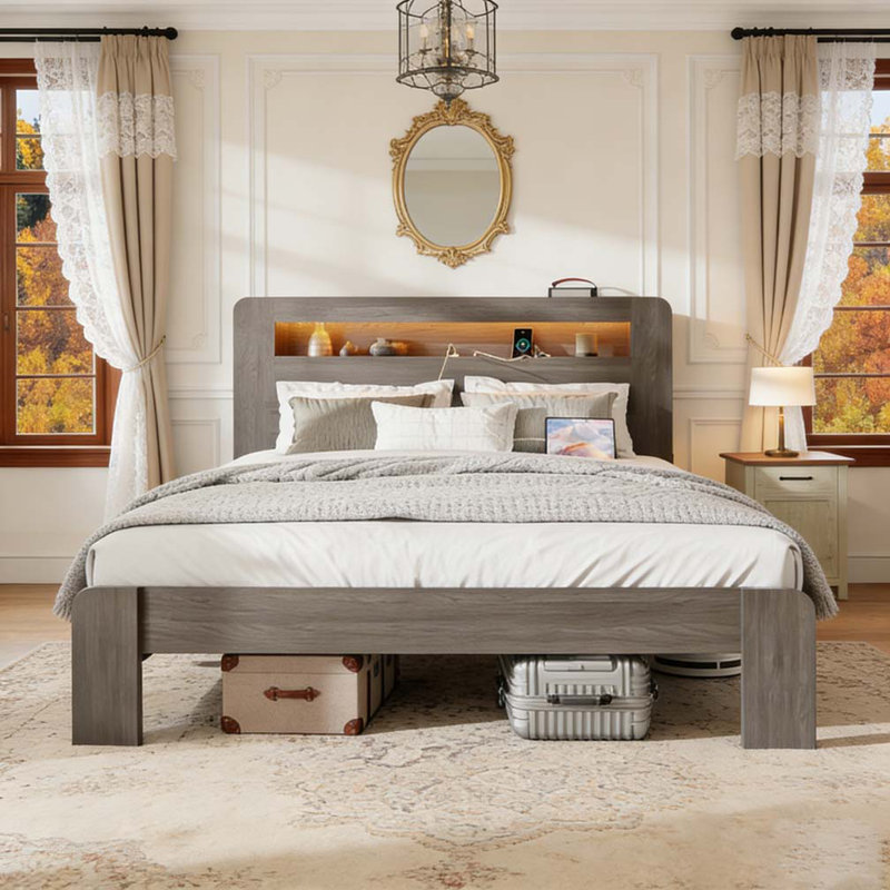 Structure de lit double, structure de lit plateforme en bois avec tête de lit à DEL avec rangement et 2 ports USB