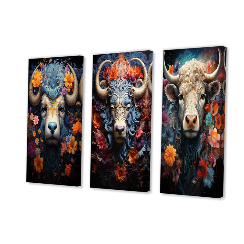 Ensemble de 3 décorations murales Yaks Cosmic Highlanders - Yaks, H 28 po x l 36 po, Toile tendue