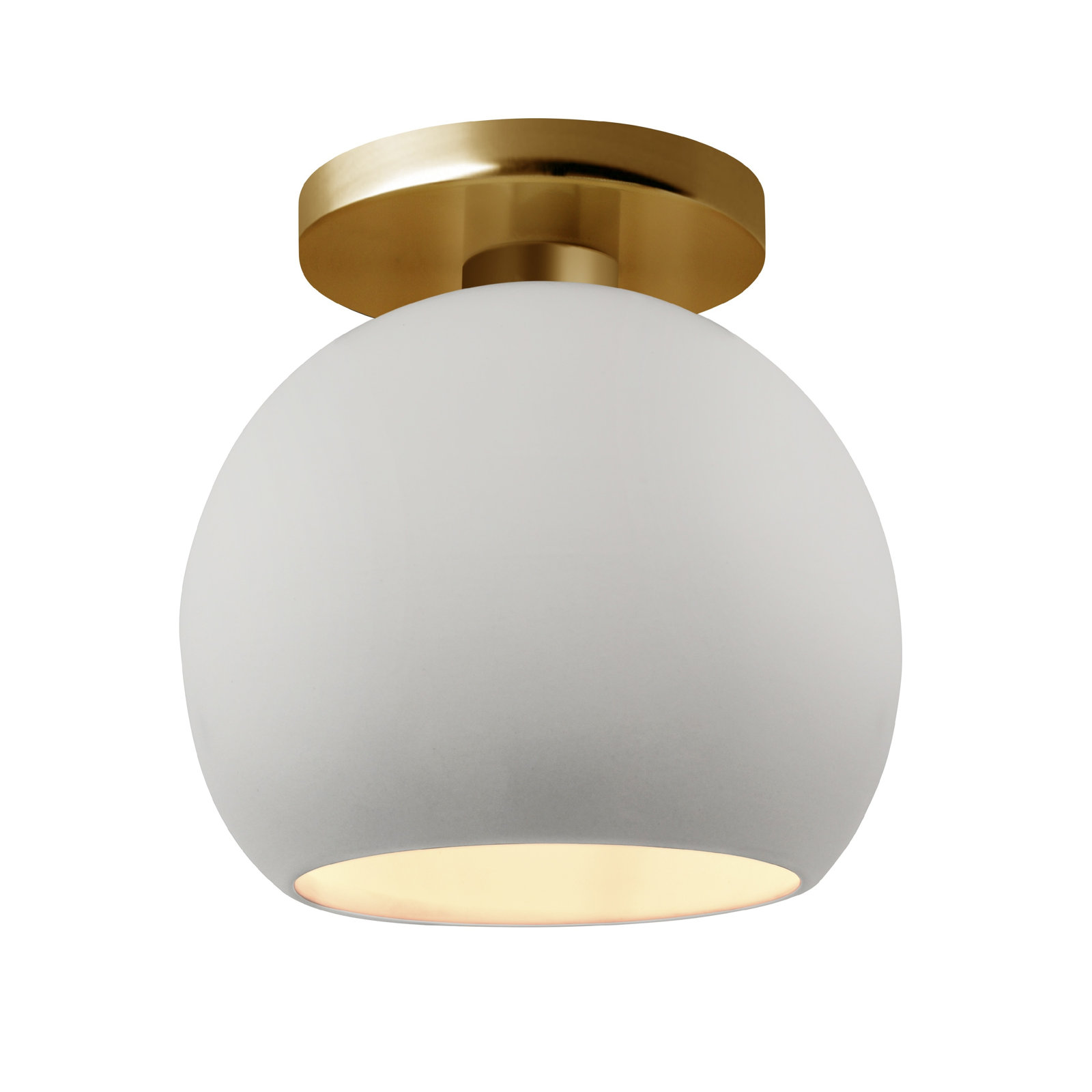 Single Light Ceramic LED Semi Flush Mount, 9" H x 10" W x 10" D, Bisque, Brushed Brass