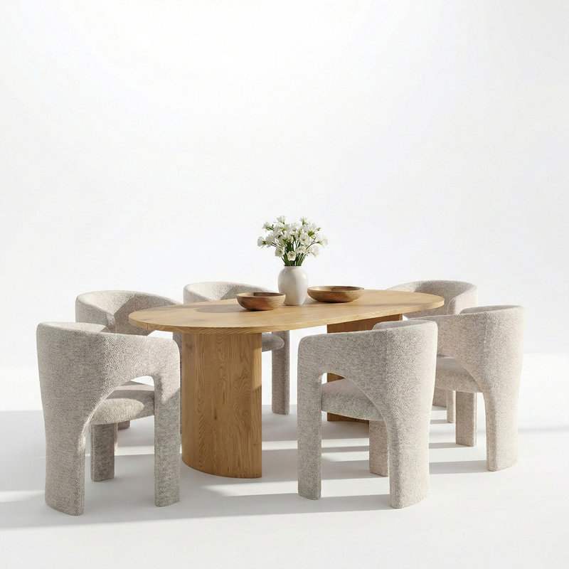 7-Piece Modern Dining Set With 79" Oval Pedestal Table & 6 Sculptural Upholstered Arm Chairs, Oak