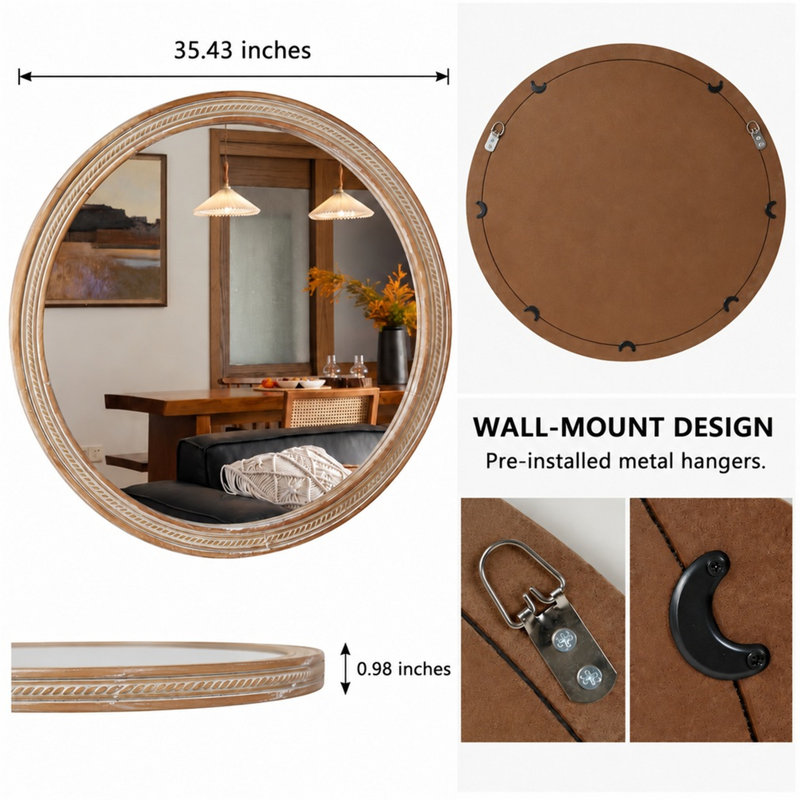 35.43 Inch Round Wall Mirror with Rattan-Texture Woven Frame
