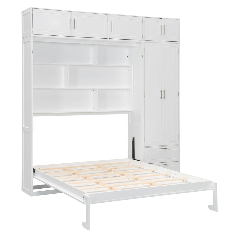 Lit escamotable mural avec armoire supérieure, tablettes et garde-robe, lit pliable peu encombrant, Blanc