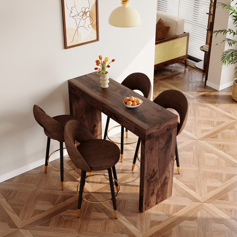 Modern Bar Table Set with 2 Drawers, Brown, 5 Pieces: Table, 4 Chairs