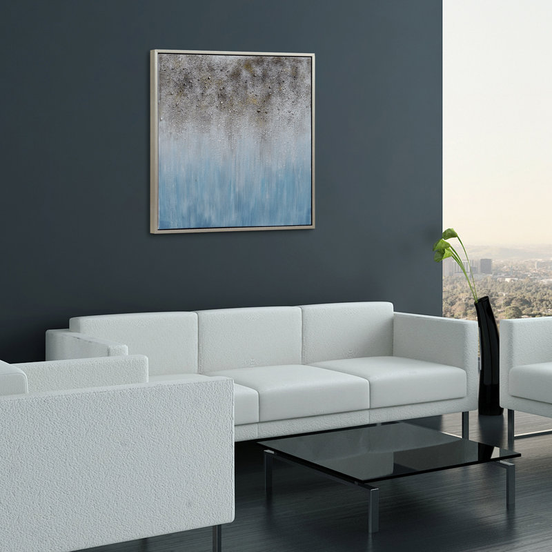 Blue Shadow Abstract Hand Painted Canvas with Silver Frame, 36" x 36"