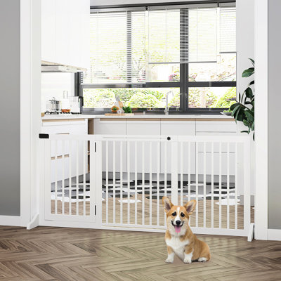 Adjustable Wood Pet Gate. Freestanding For Doorway & Hall. 3 Panels, Barrier, Lockable Door. White. Fits 66.73" Areas. Ideal Barrier Wooden Adjustable. Panels With For Doorway, Hall,