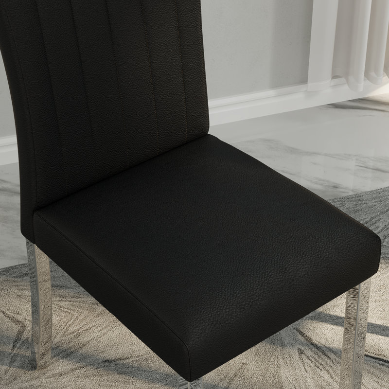 Ensemble de table de salle à manger 7 pièces en chrome argenté moderne avec 6 chaises en cuir noir et argent, 7