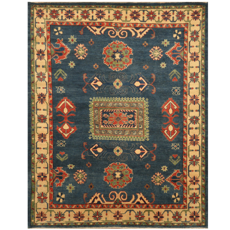 Tapis unique en laine noué à la main bleu Kazak de 5 pi 5 po x 6 pi 10 po Lugarda
