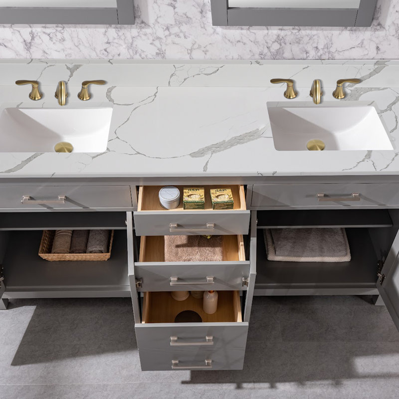 Plateau de meuble-lavabo double 72 po en quartz avec lavabo - pour remplacement de meuble-lavabo, sans armoire