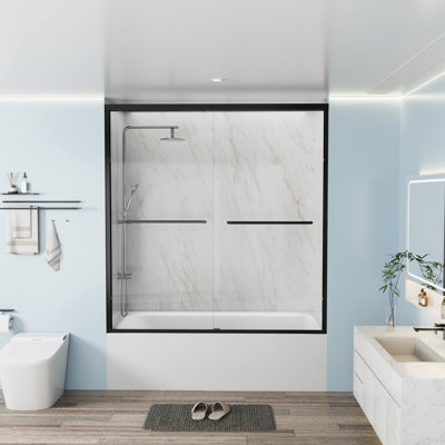 60" x 62" Semi-Frameless Double Sliding Bathtub Door in Clear 1/4" Tempered Glass with Towel Bar
