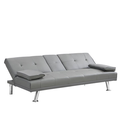 Sofa Bed With Armrest Two Holders Wood Frame, Stainless Leg, Futon Grey Pvc
